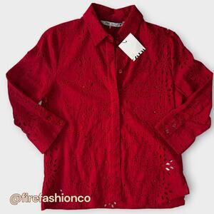 ZARA NEW Boho Hippie Western Eyelet Red Cotton Blouse Button-Up Small
